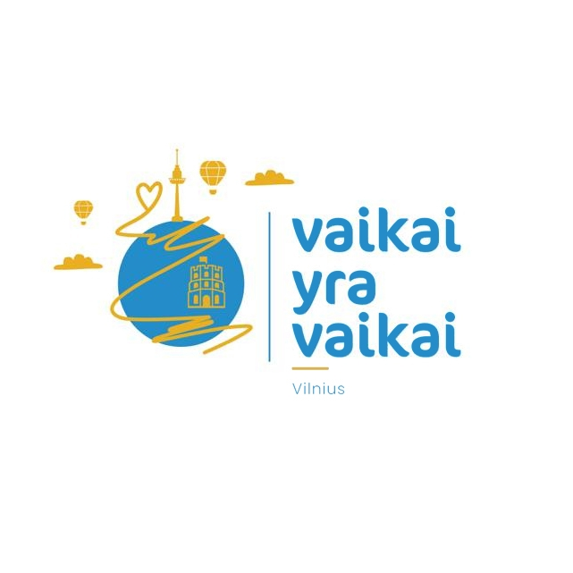 Logo with blue circle and yellow line art symbolizing Vilnius with text 'vaikai yra vaikai' and 'Vilnius'.