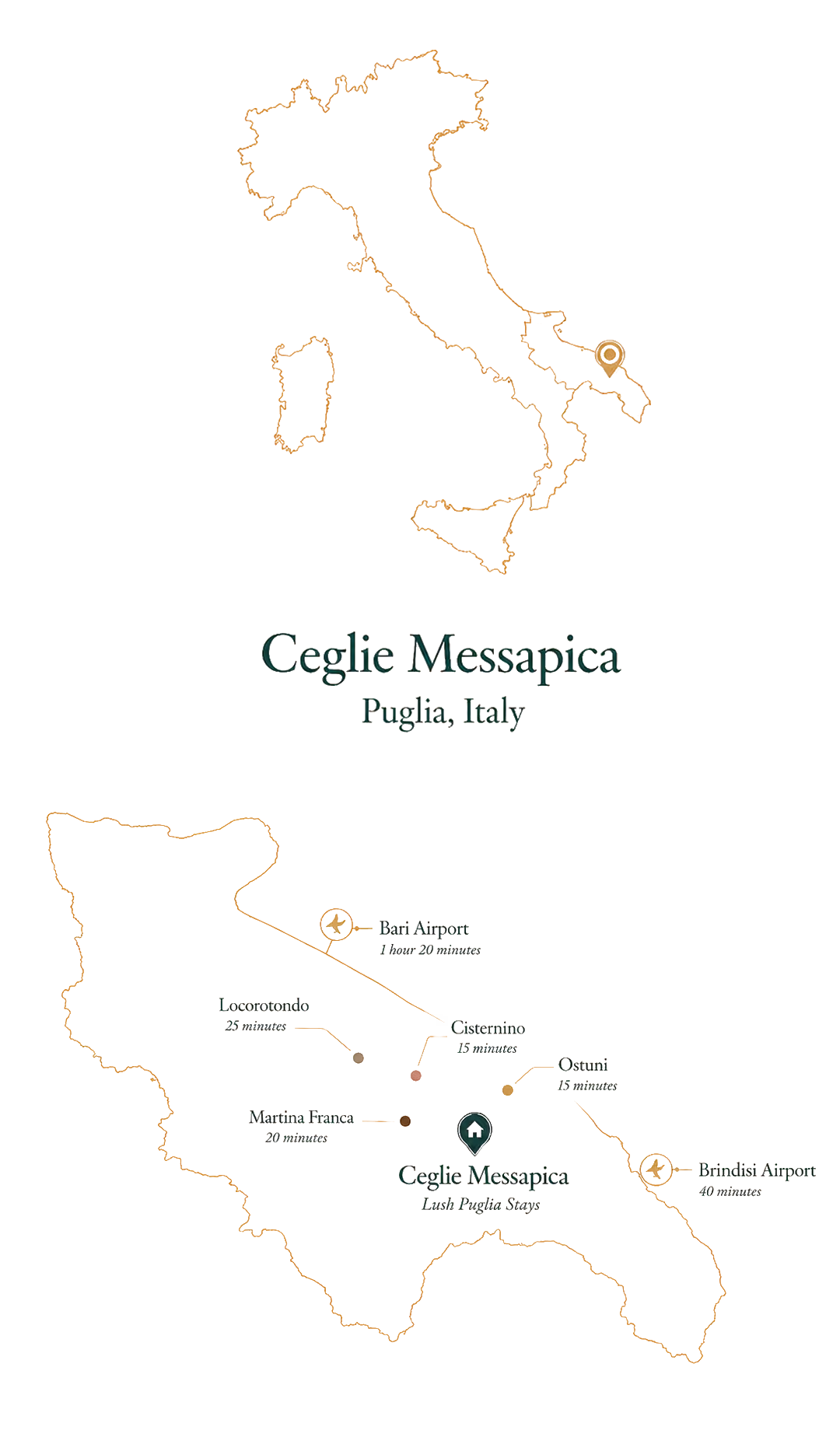 Map showing Ceglie Messapica in Puglia, with Bari and Brindisi airports and nearby towns.