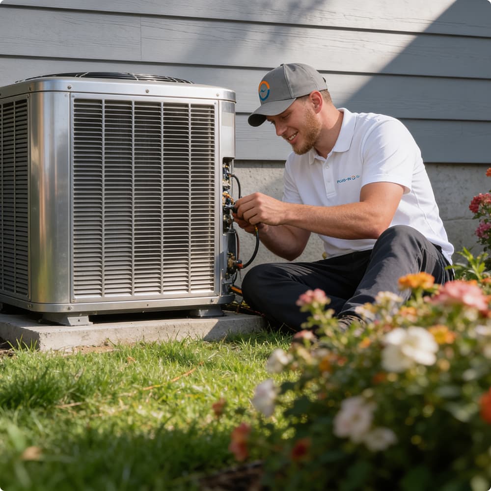 A Plug-In Services technician fixing AC unit outside a house