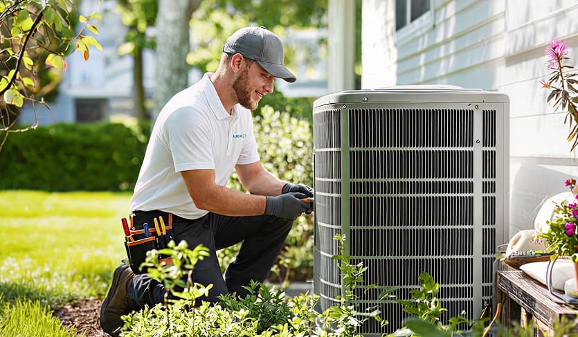 A Plug-In Services technician fixing AC unit outside
