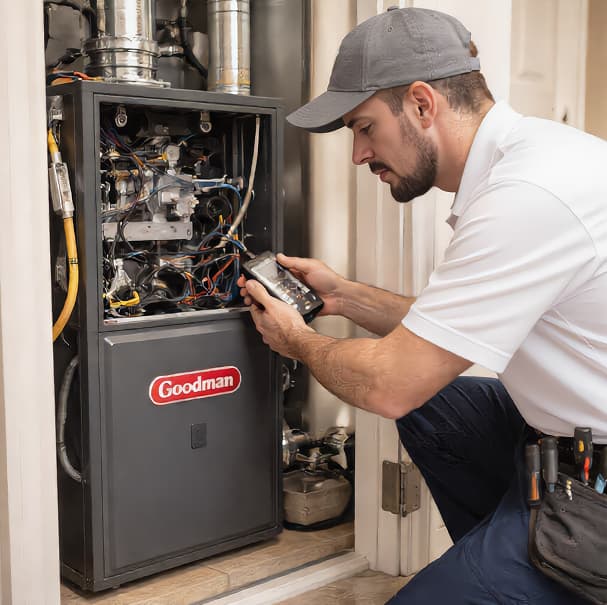 a technician fixing furnace