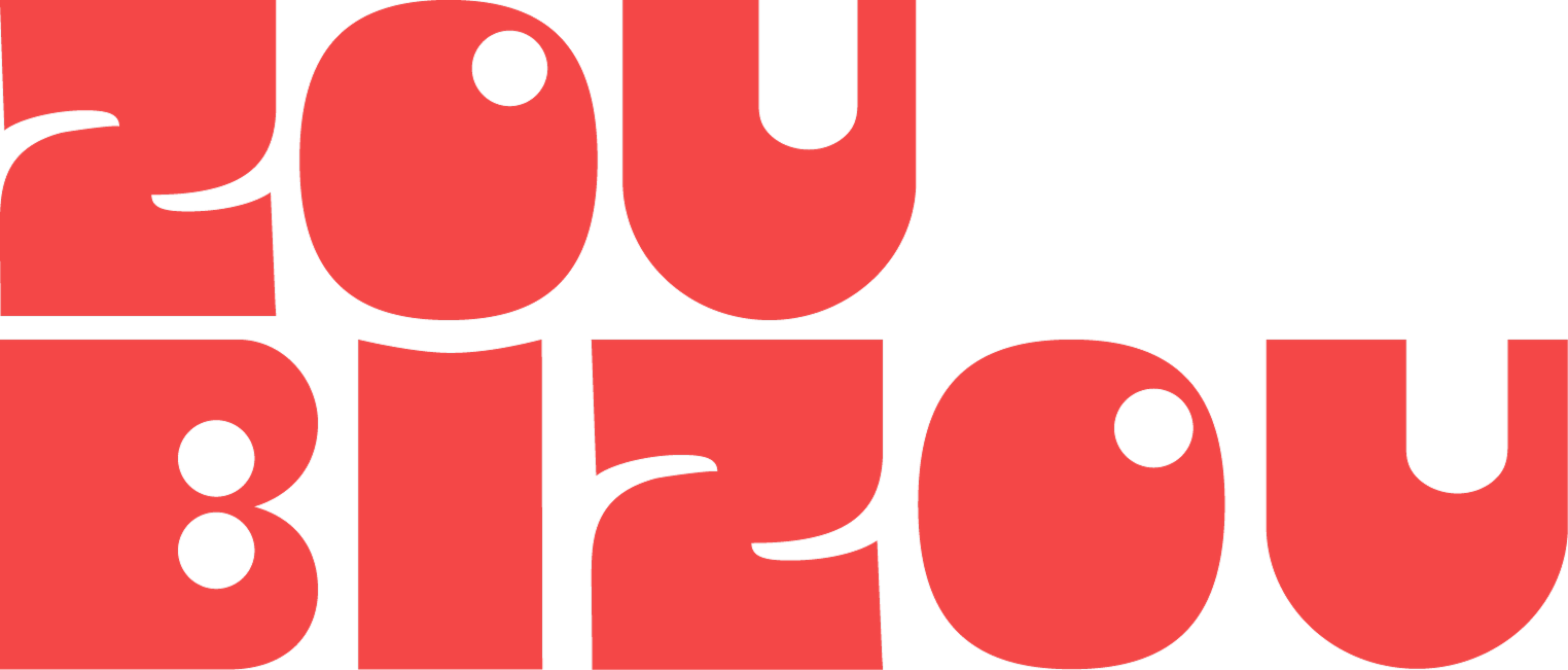 Texte graphique rouge avec les mots « YOU » et « BIZYOU » stylisés.