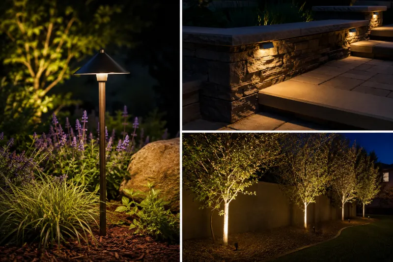 Outdoor landscape lighting illuminating garden plants, stone wall steps, and tree trunks at dusk.