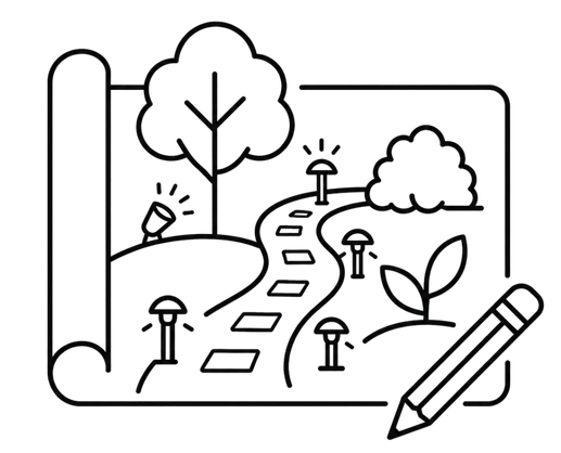 Sketch of a landscape with a tree, path, bushes, mushrooms, and a pencil in the lower right corner.