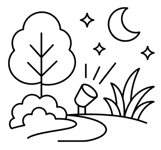 Night scene with a crescent moon, stars, a tree, bushes, grass, and a spotlight shining upward.