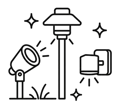Line art of three outdoor lights: spotlight on grass, lamp post, and wall-mounted light with sparkles.