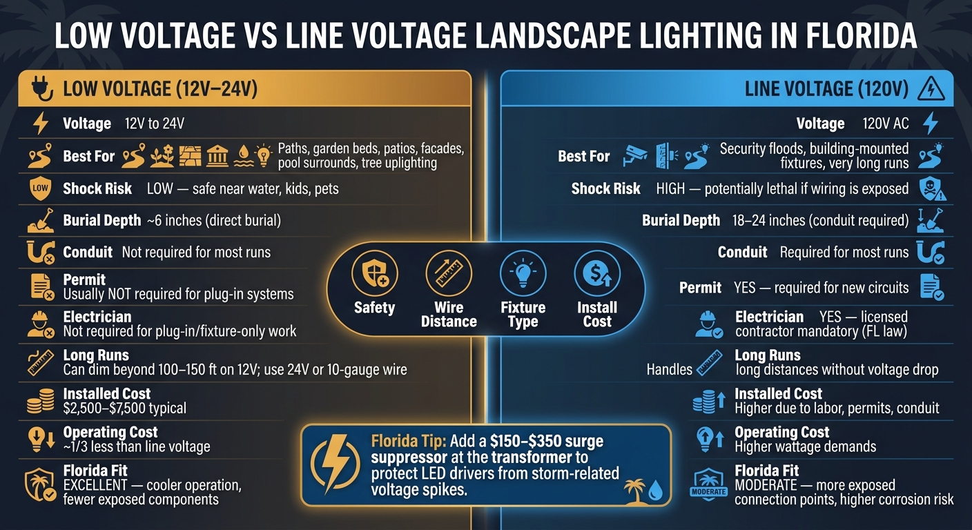 Low Voltage vs Line Voltage Landscape Lighting: Florida Homeowner's Guide