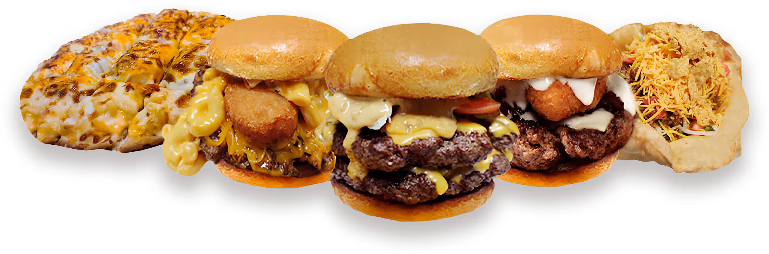 Three cheeseburgers with fried toppings, cheesy pizza, and taco salad with shredded cheese and chips.