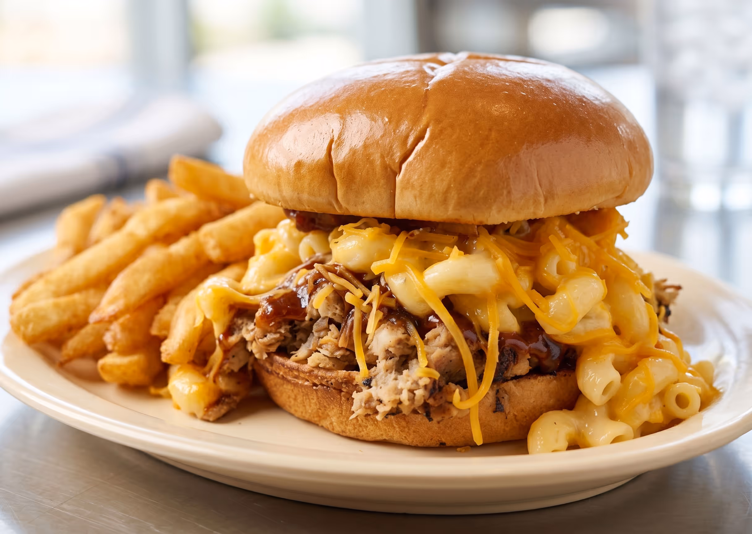 Pulled pork sandwich topped with macaroni and cheese, shredded cheddar, and barbecue sauce with fries on the side.
