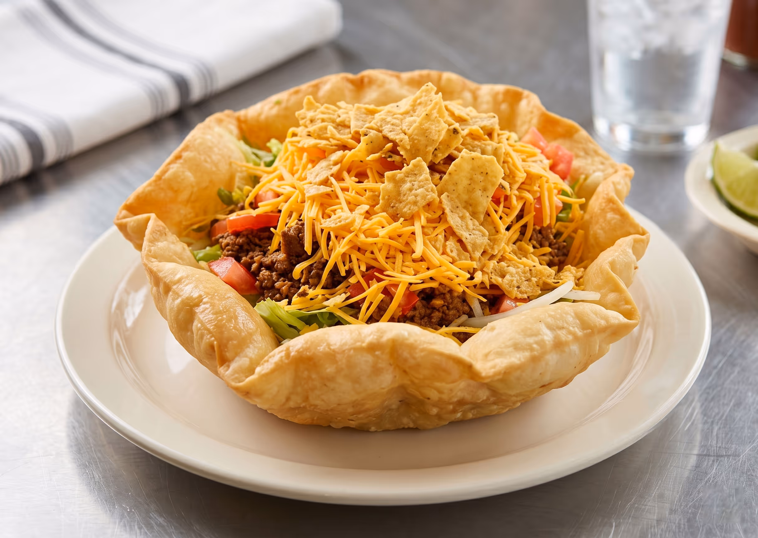 Taco salad in a crispy tortilla bowl with ground beef, shredded cheese, lettuce, tomatoes, and tortilla chips.