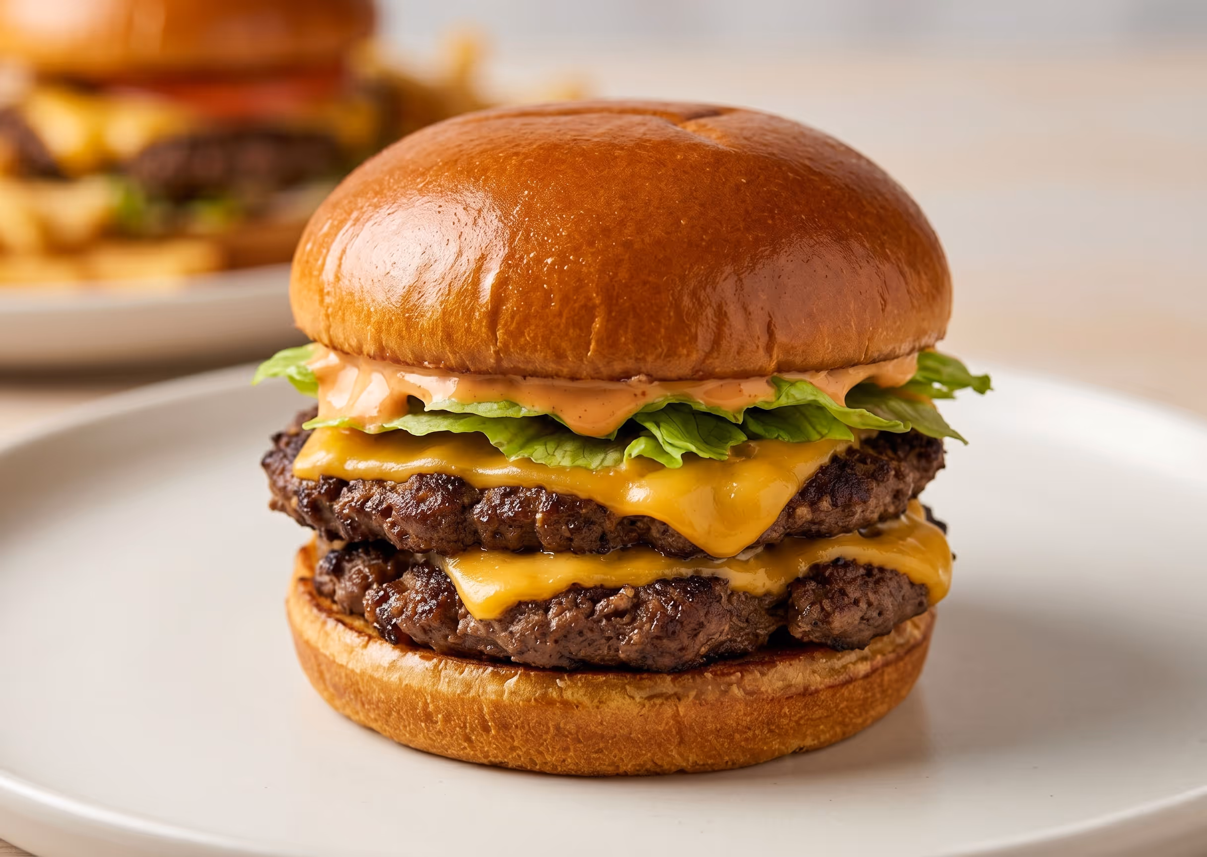 Double cheeseburger with lettuce and sauce on a toasted bun on a white plate.