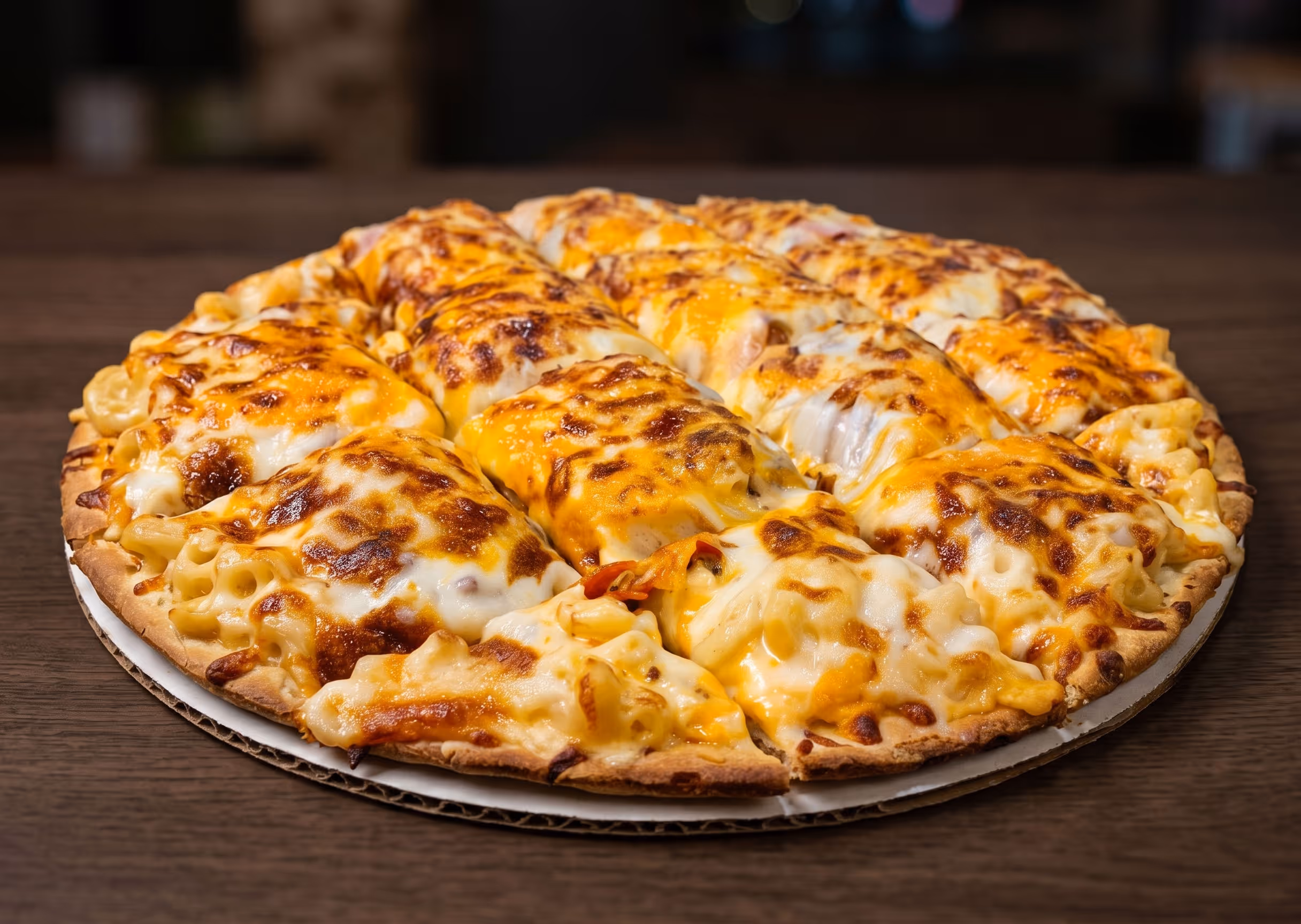 Pizza topped with baked macaroni and melted cheese on a wooden table.
