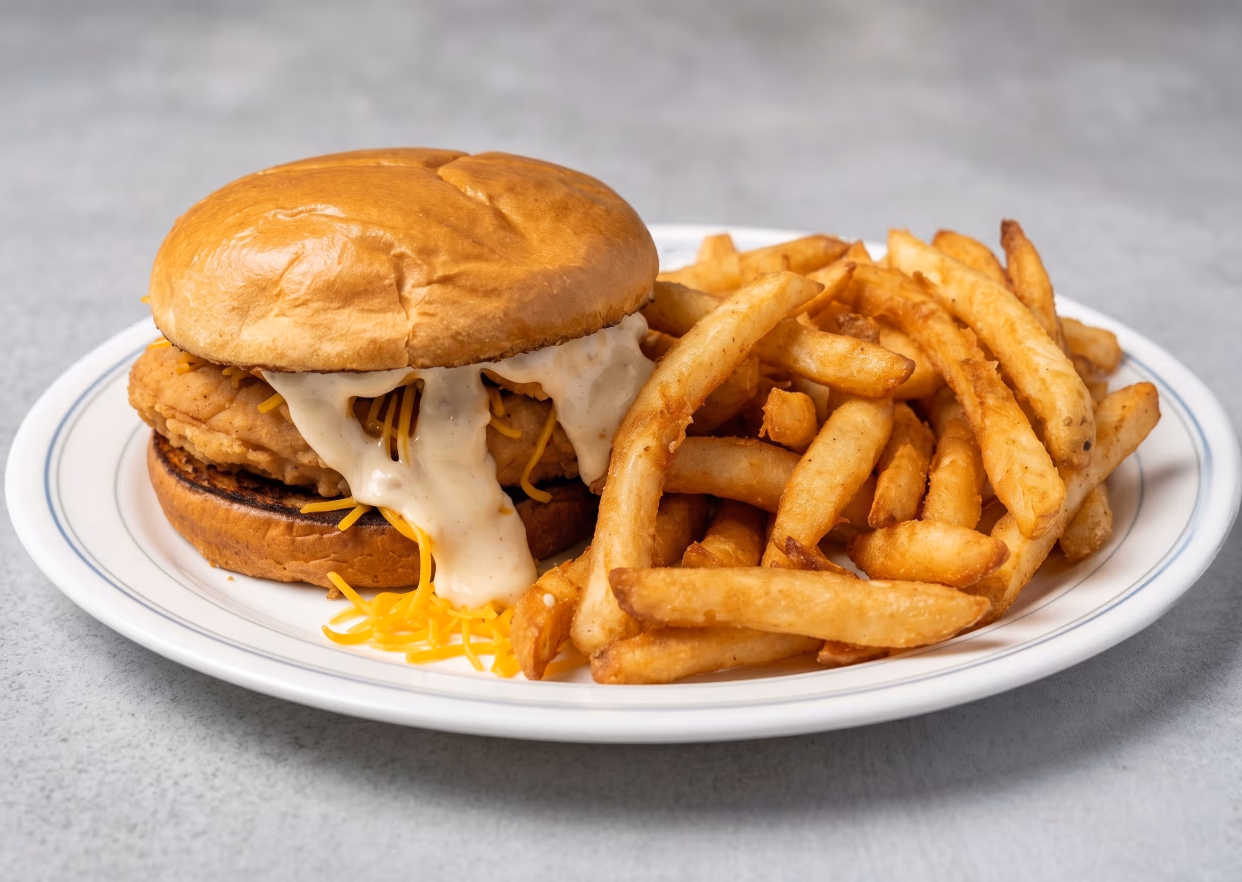 Fried chicken sandwich with cheese and white sauce served with seasoned French fries on a white plate.