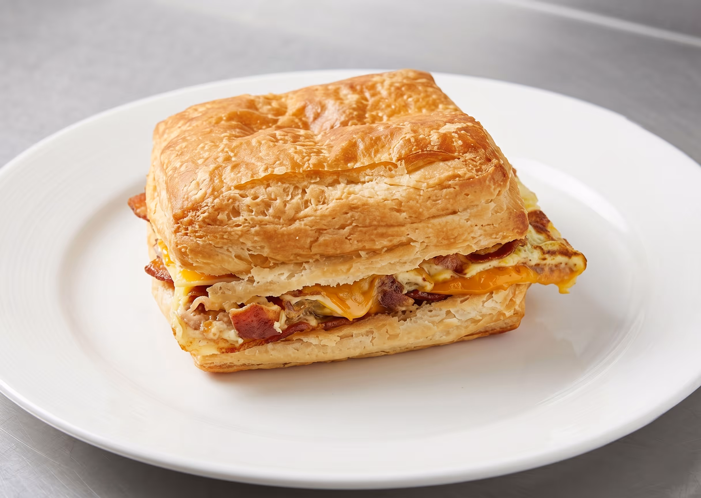 Square flaky sandwich with bacon, melted cheese, and egg on a white plate.