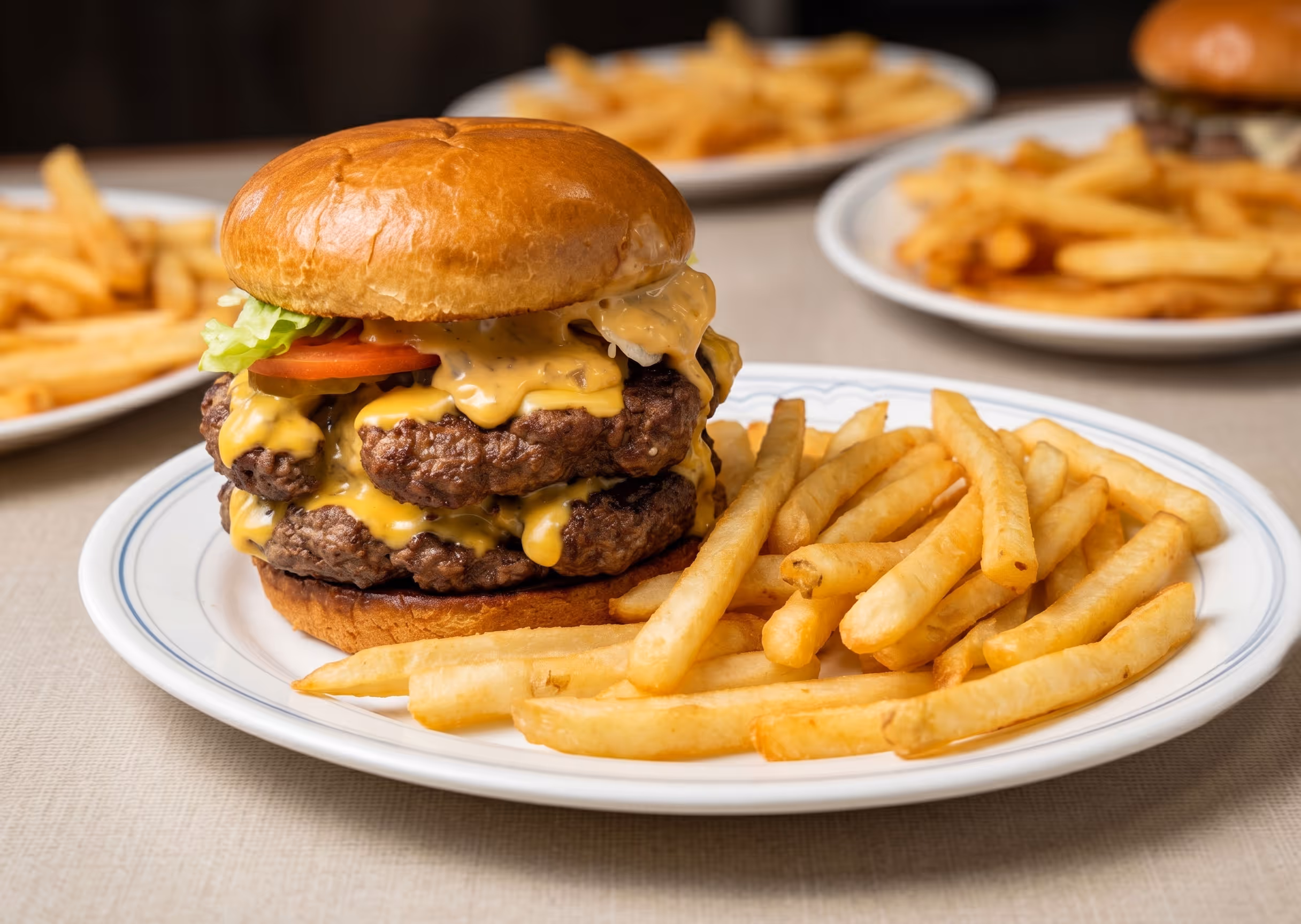 Double cheeseburger with lettuce and tomato served with a side of French fries on a white plate.