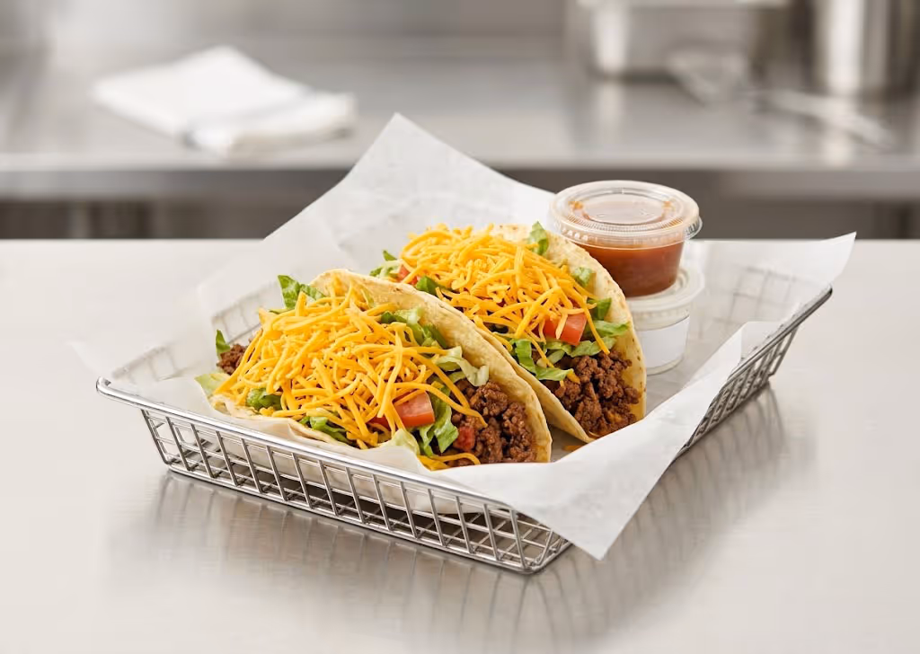 Two ground beef tacos with shredded cheese, lettuce, and tomato in a wire basket with dipping sauces.