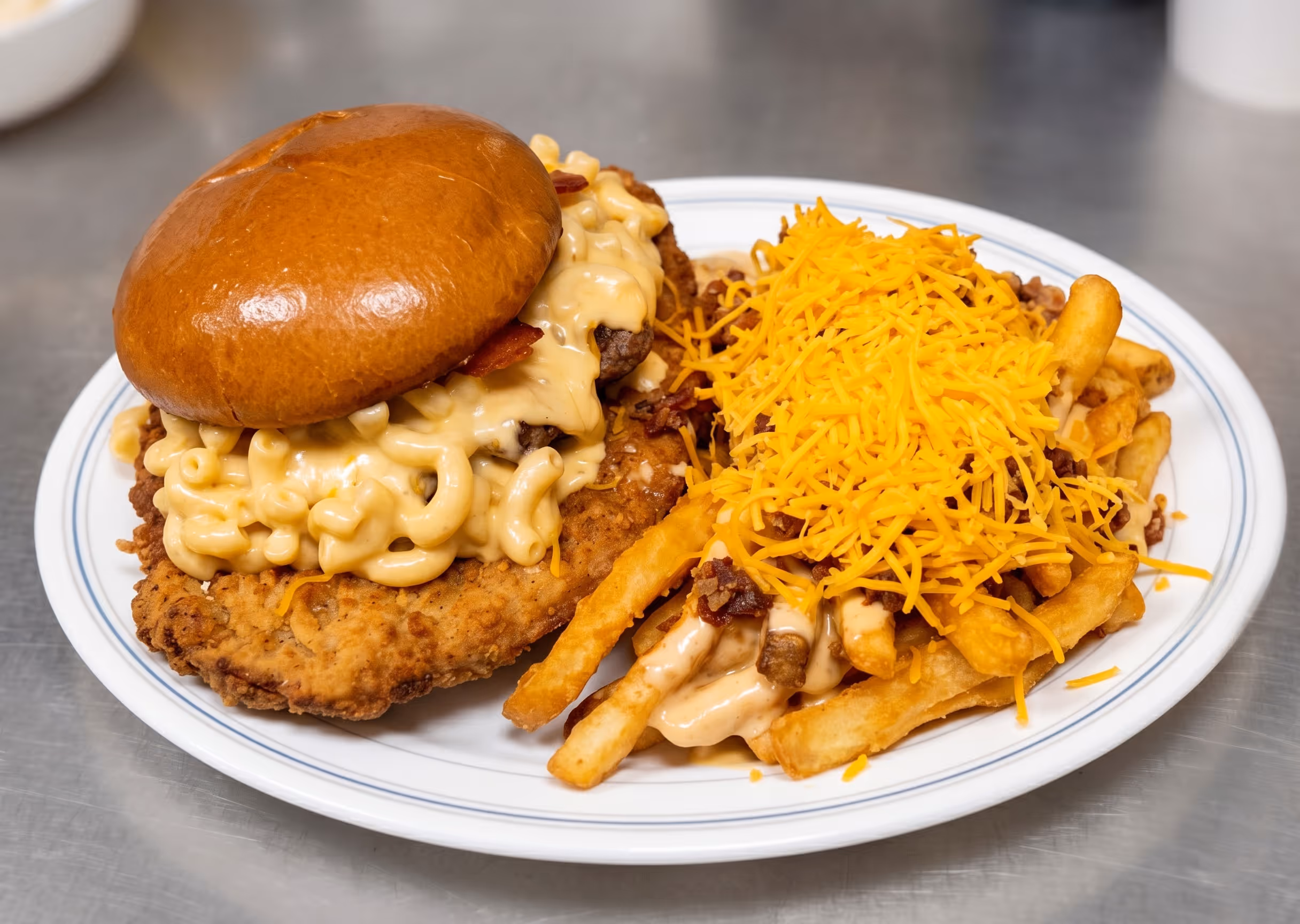 Plate with fried chicken sandwich topped with macaroni and cheese, and fries covered in cheese and bacon bits.