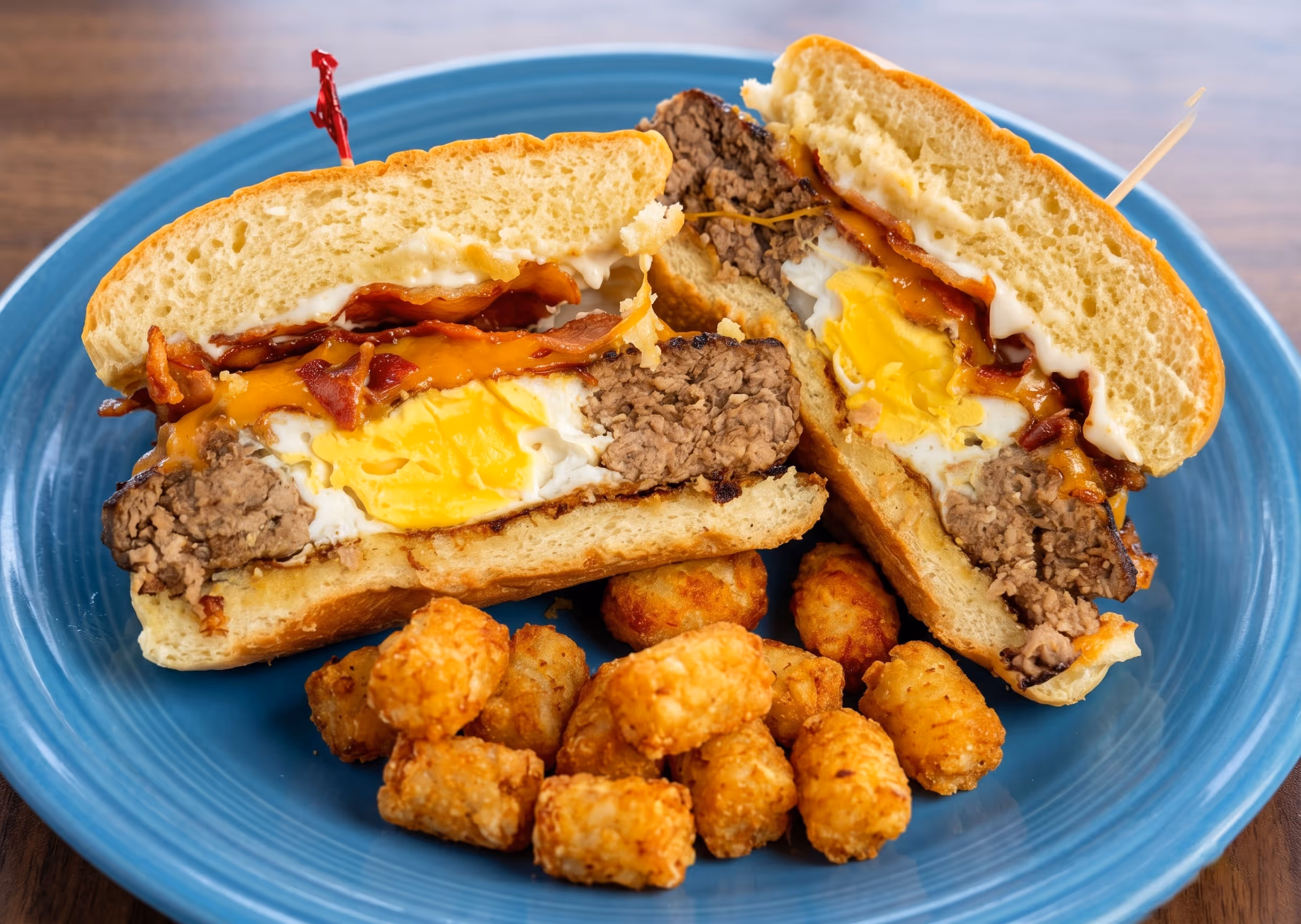 Sandwich with fried egg, cheese, bacon, and beef patty served with tater tots on a blue plate.