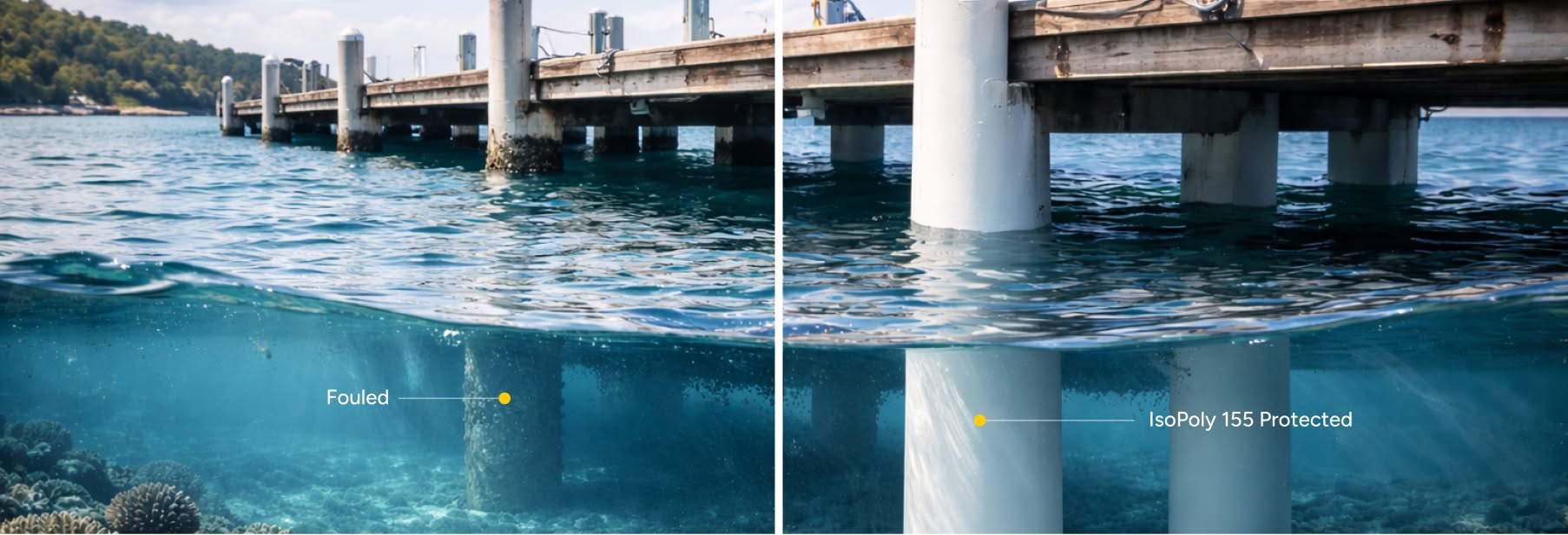 image showing the difference between a fouled piling covered in growth vs one protected by IsoPoly 155 which is clean.