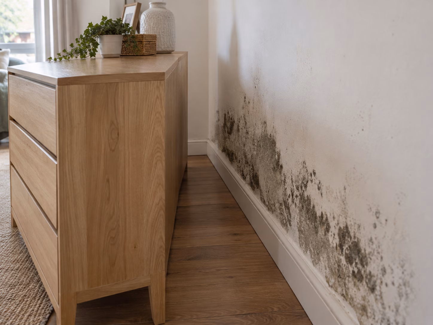 Voorbeelden van schimmel op muren, ramen, in de slaapkamer en badkamer