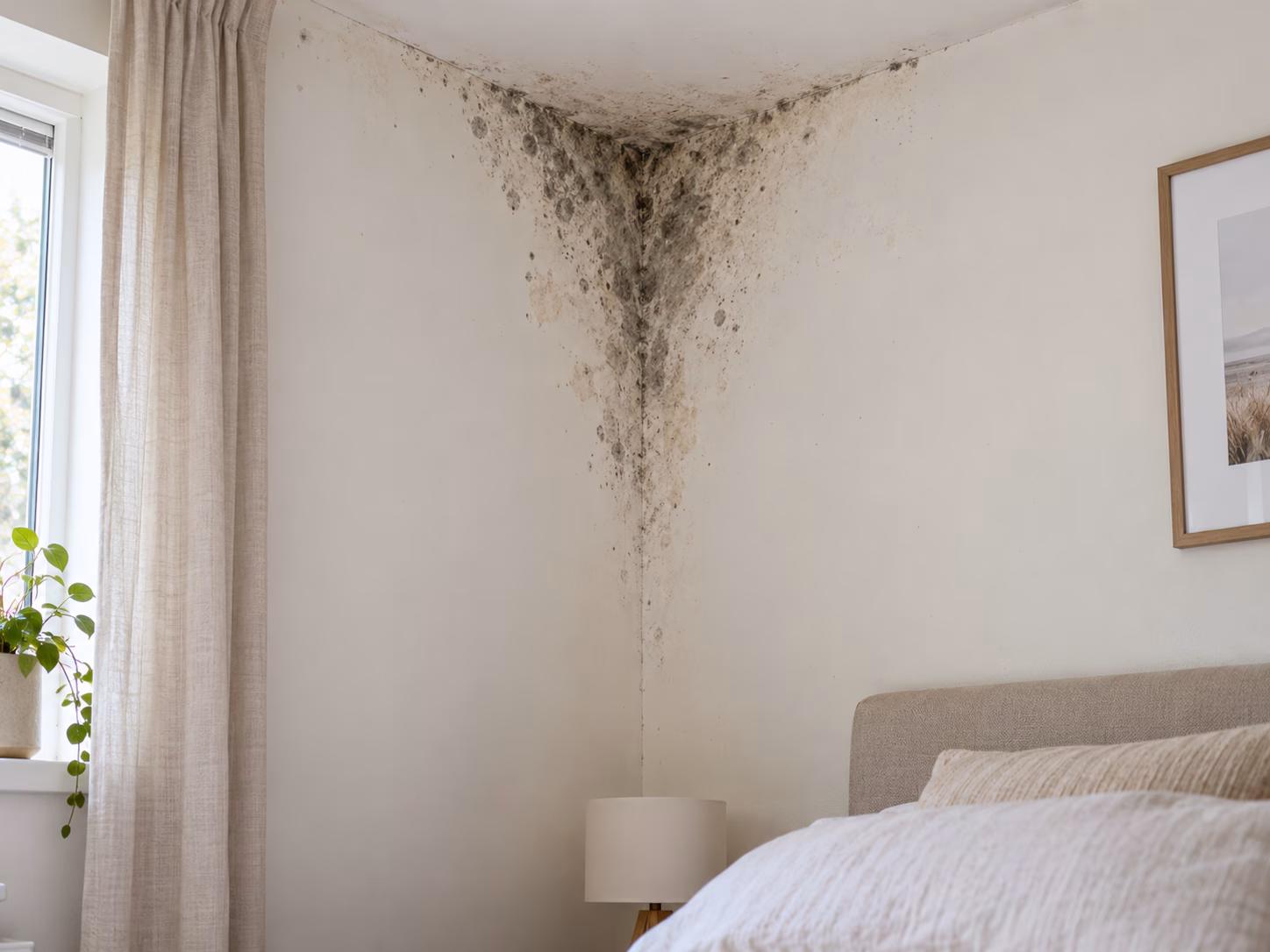 Voorbeelden van schimmel op muren, ramen, in de slaapkamer en badkamer