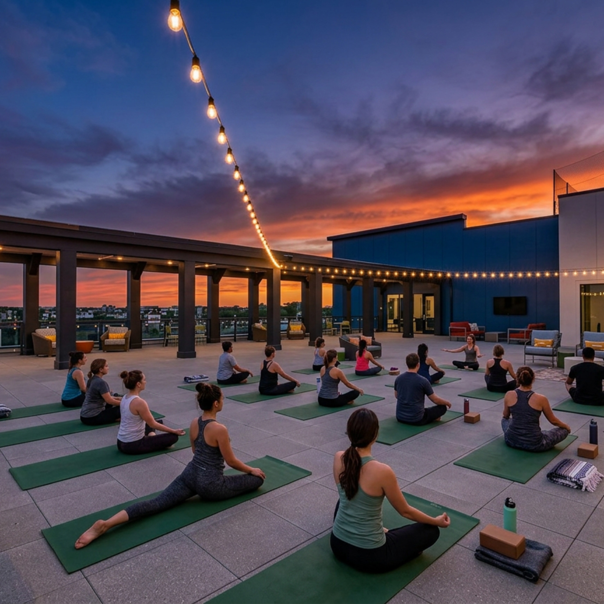 Yoga and meditation gathering on The Galaxy rooftop at sunset