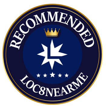Round badge with gold laurel wreath around the edge and text inside reading 'LOC8NEARME RECOMMENDS Air Duct LV' with five gold stars underneath.