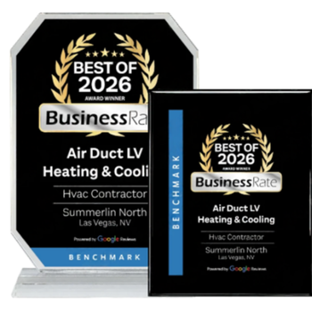 Two award plaques for Business Excellence in Air Duct LV Heating & Cooling with a laurel wreath and the text 'Best of 2023' and 'Best of 2025' displayed, recognizing private contractors in Smithtown, NY.