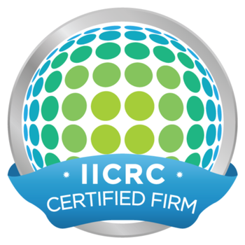 Blue and green dotted globe with a blue banner below stating IICRC Certified Firm.