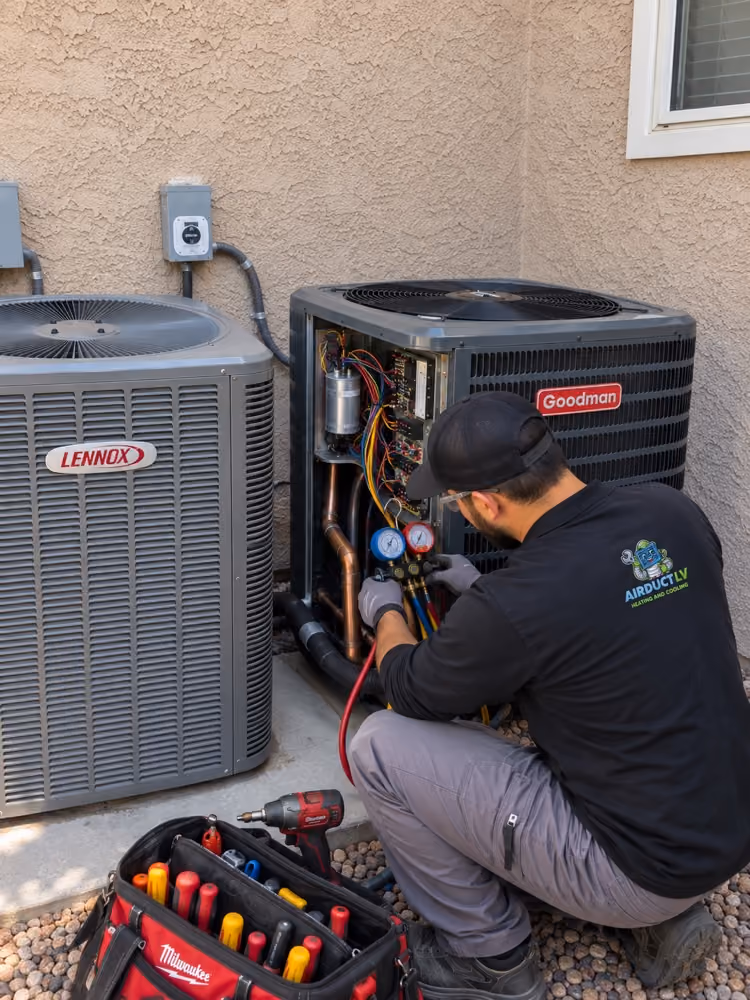 Air Duct LV technician checking refrigerant gauges on an outdoor condenser unit.