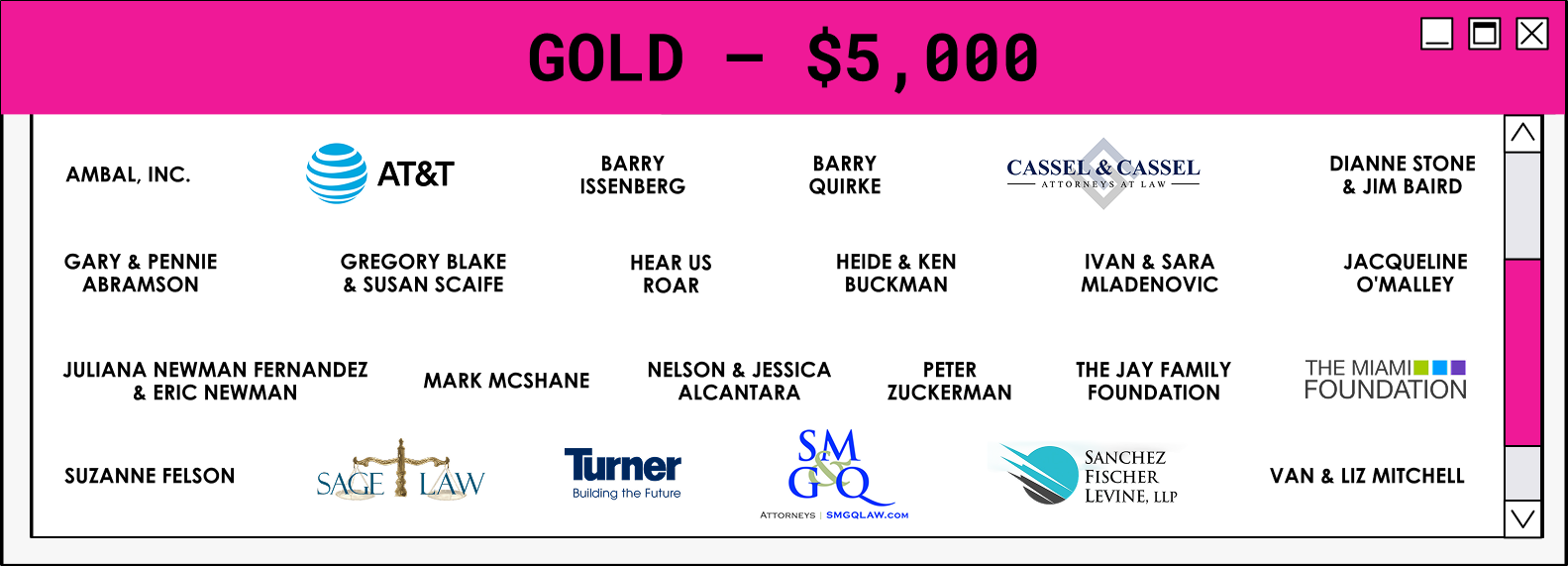 Sponsor tier box featuring multiple sponsor logos, including AT&T, Turner, and other supporting organizations.