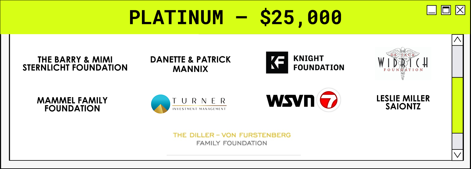 Sponsor tier box featuring multiple sponsor logos, including the Barry & Mimi Sternlicht Foundation, Danette & Patrick Manning, Knight Foundation, MammeI Family Foundation, Turner, WSVN 7, and Leslie Miller Saiontz.