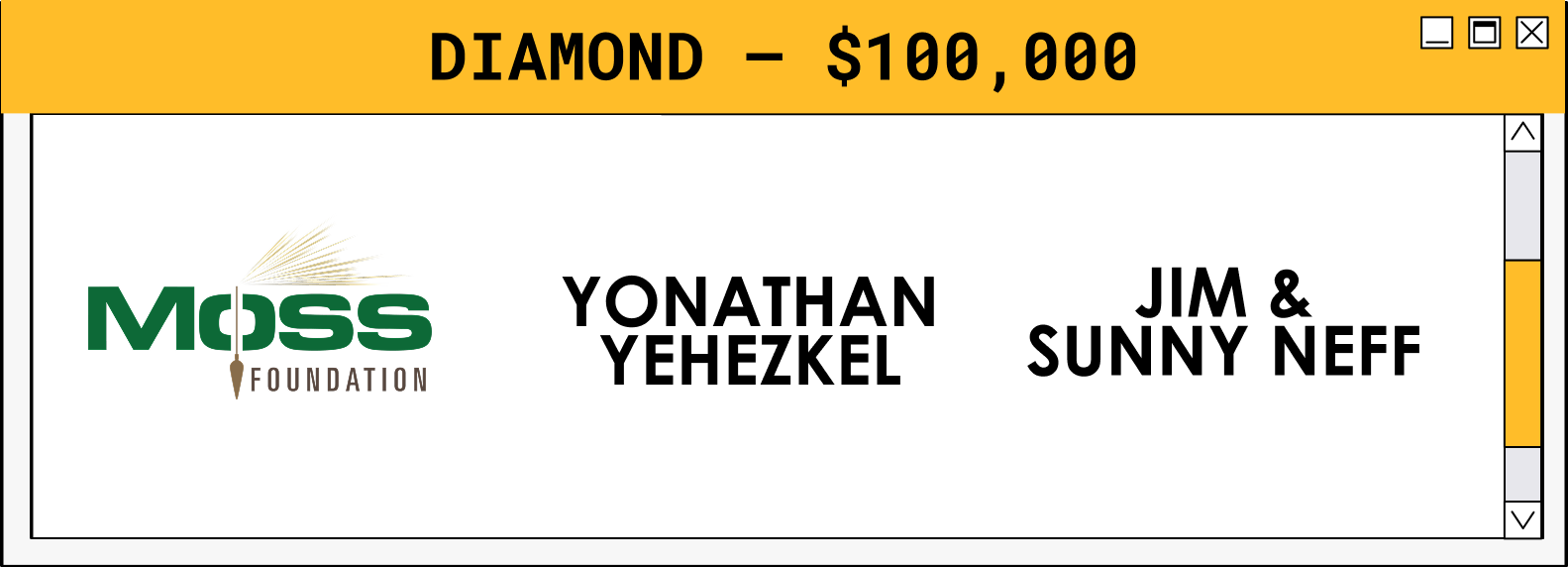 Sponsor tier box featuring Moss Foundation, Yonathan Yehezkel, and Jim & Sunny Neff logos.