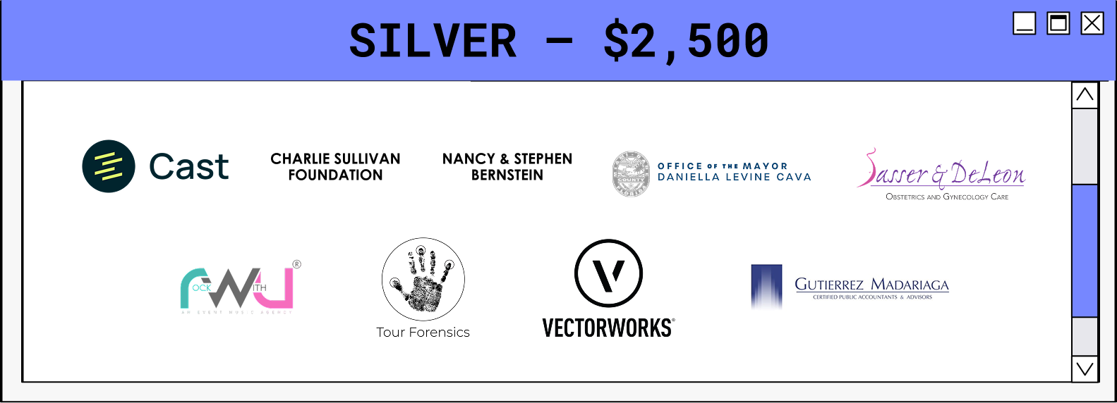 Sponsor tier box featuring Cast Foundation, GAVi, Vectorkworks, and other supporting organizations.