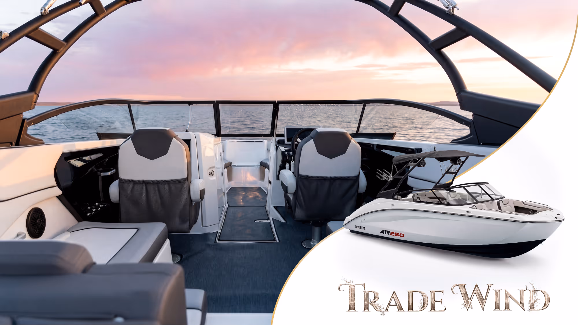 View from boat cockpit with seats and steering wheel facing calm water under a pink sky at sunset.