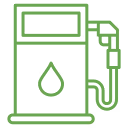 Green icon of a fuel pump with a droplet symbol in the center and attached nozzle.
