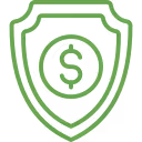 Green shield outline with a dollar sign symbol in the center representing financial protection.