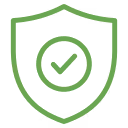 Green shield outline with a checkmark in a circle at the center representing protection or security.