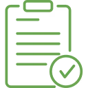 Green clipboard icon with lines representing text and a checkmark in a circle on the bottom right.