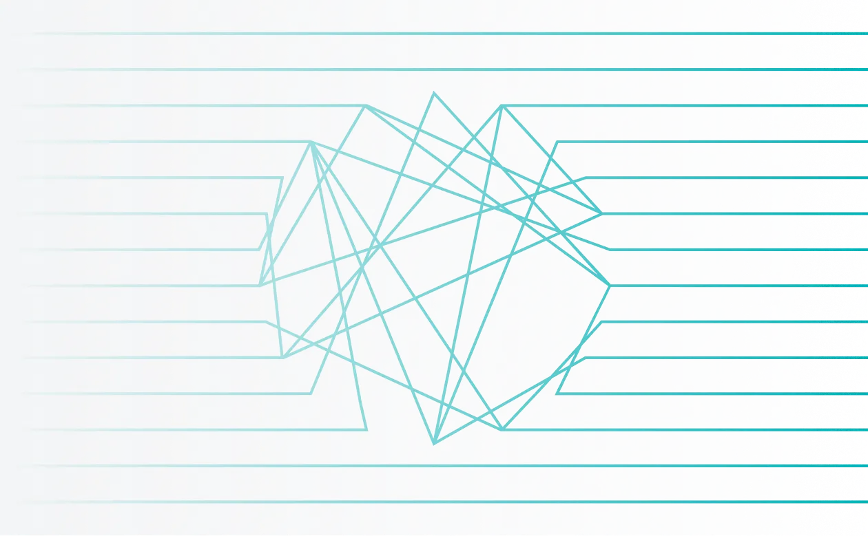 Abstract teal 3D wireframe cube intersected by horizontal parallel lines on a white background.