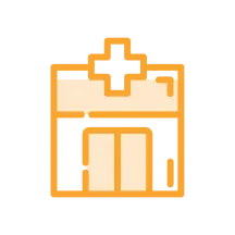 Orange and beige hospital building icon with a medical cross on top.