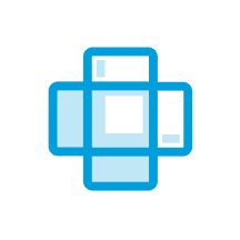Blue 3D medical cross symbol with a white square in the center.