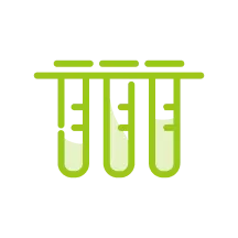 Illustration of four test tubes filled with green liquid in a gray rack on a black background.