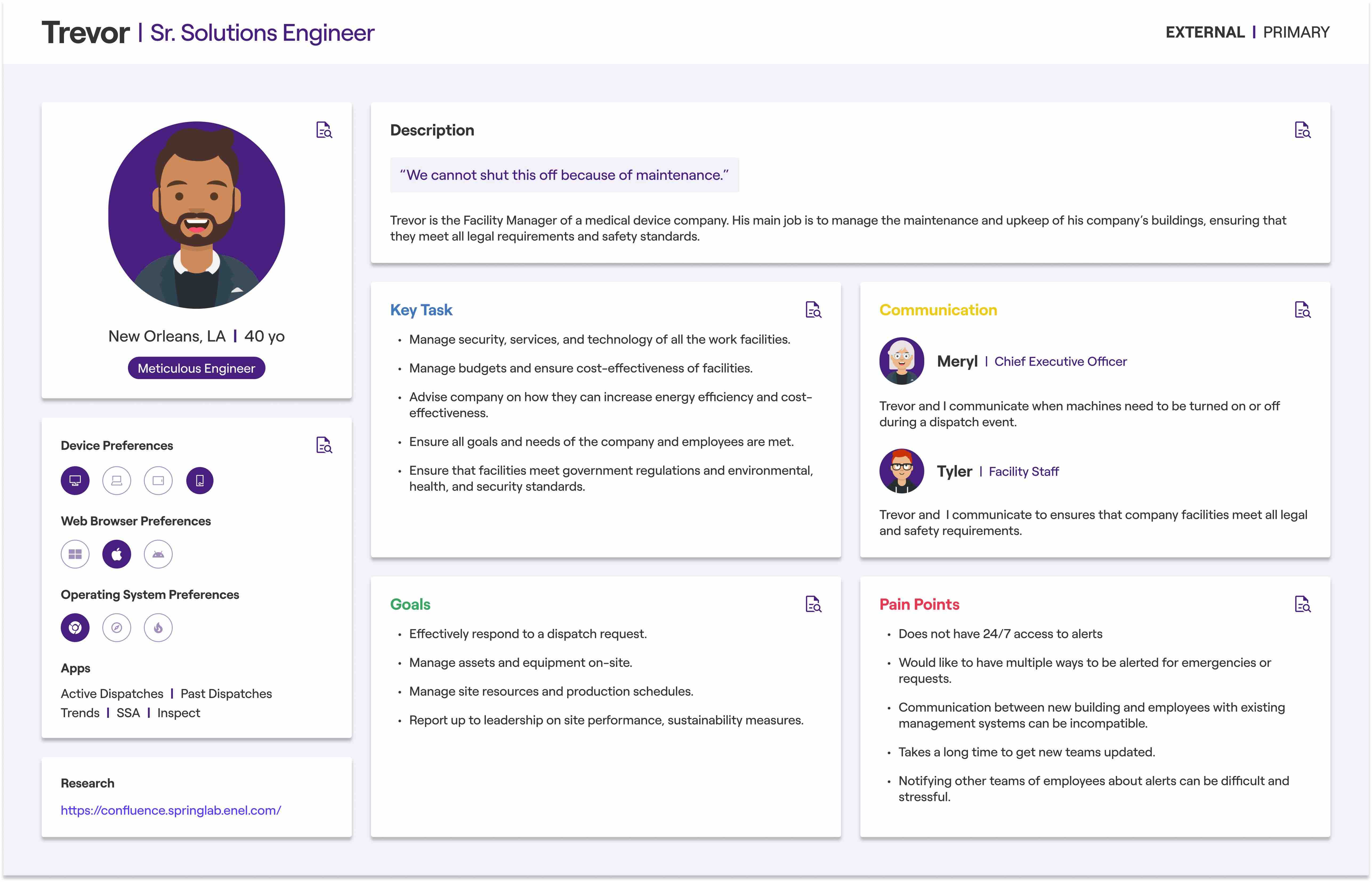 A UX Persona Profile of Trevor, Sr. Solutions Engineer, 40, New Orleans, with job tasks, goals, communication, and pain points.