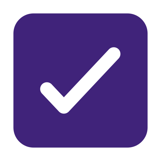 Black checkmark inside a rounded dark purple square box.