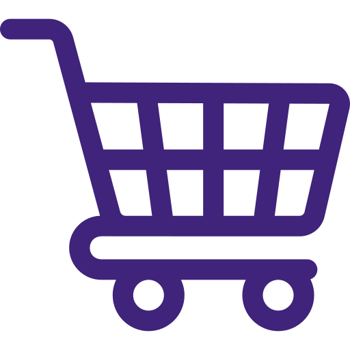 Purple shopping cart icon with handle and basket grid on white background.