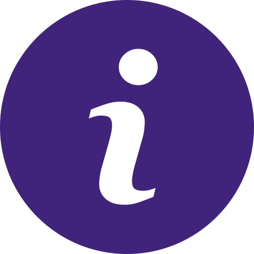 Black lowercase letter i inside a purple circle, symbol for information.