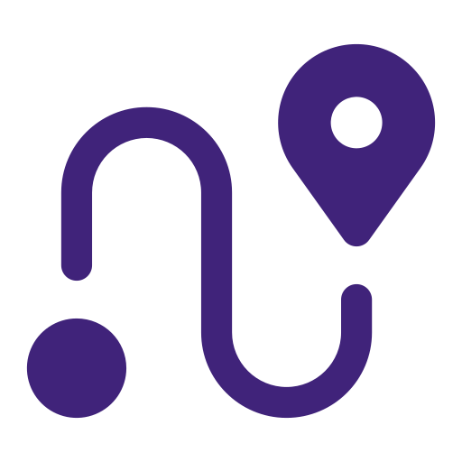 Purple path line connecting a circle start point to a map pin destination marker.