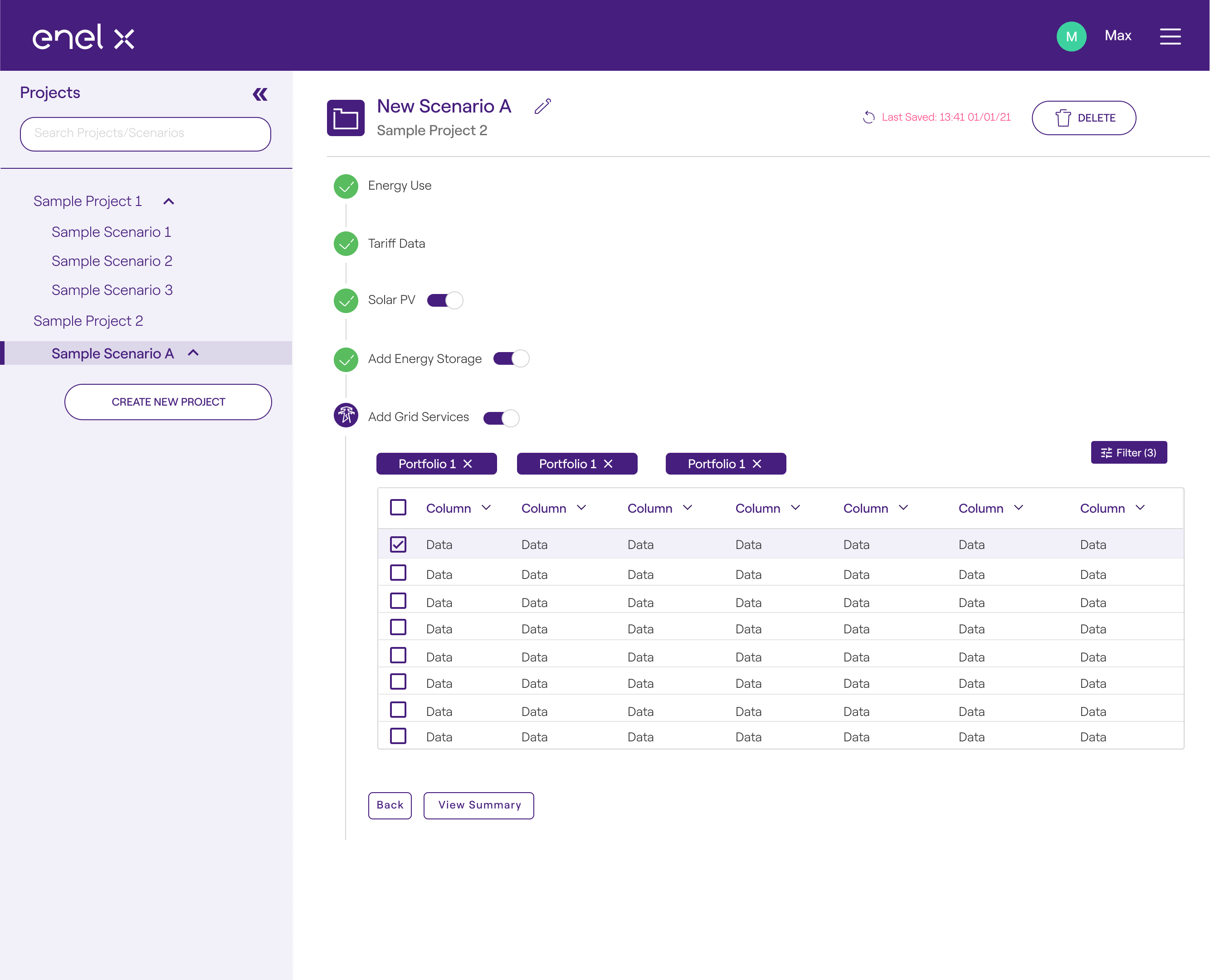 Enel X project dashboard showing a collapsible filtering scenario settings with toggles and a data table with checkboxes.