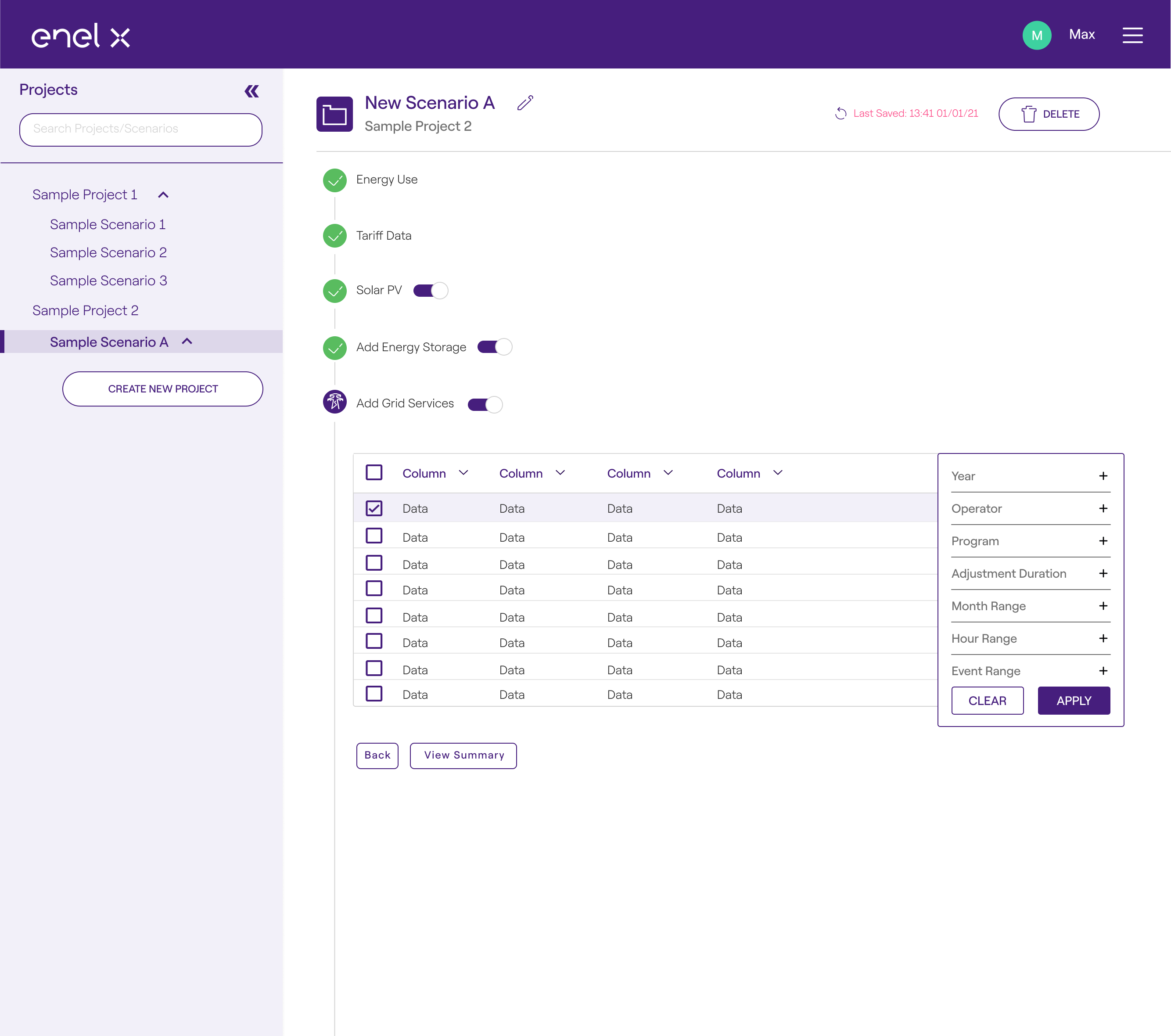 Project scenario interface showing static filtering with toggles for solar PV, energy storage, grid services, and a data filter table.
